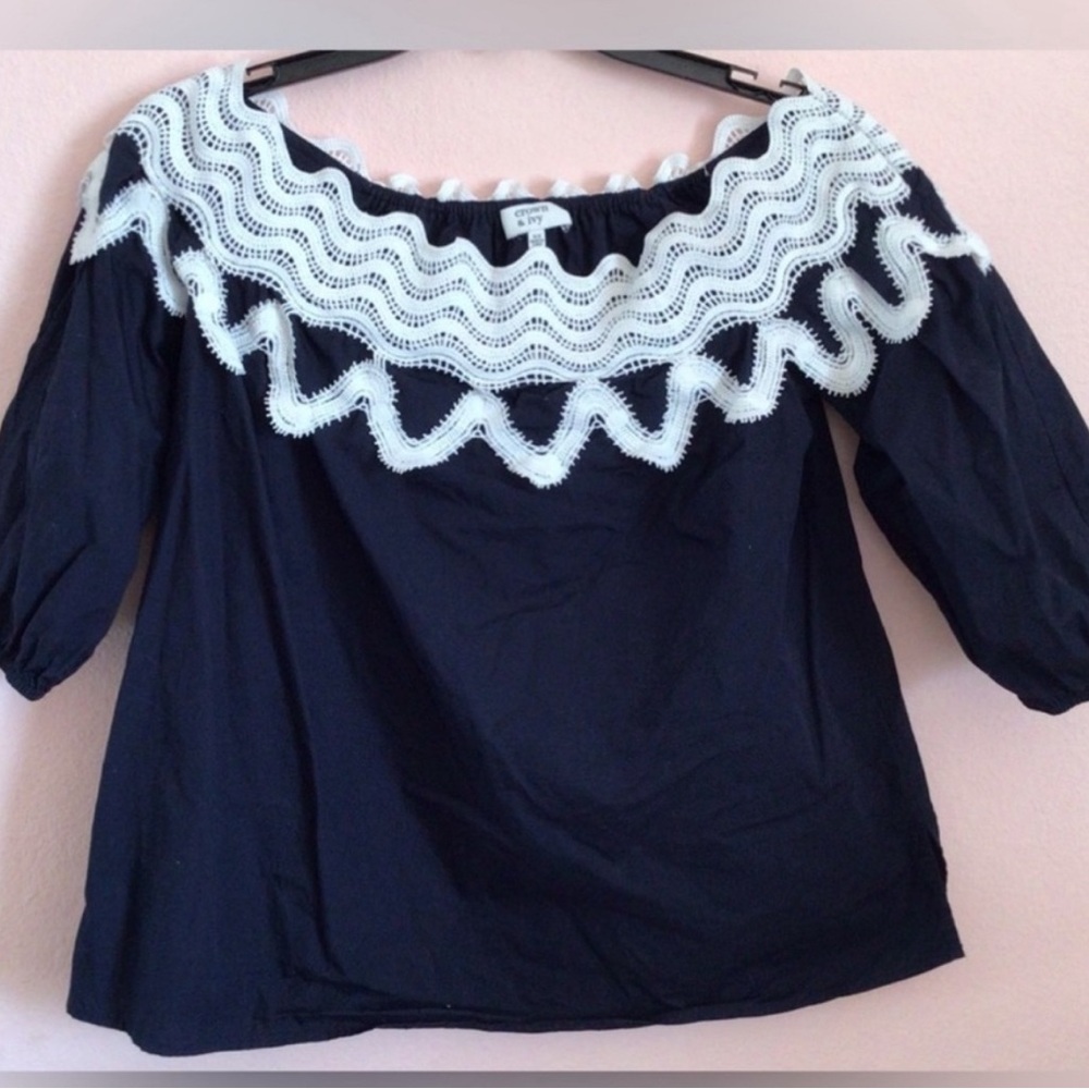 Navy Blue Crown & Ivy Lace Trim Women's Top